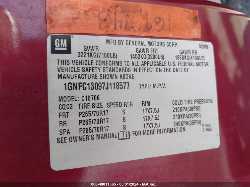 2007 CHEVROLET TAHOE VIN: JTDKARFP0L3154936