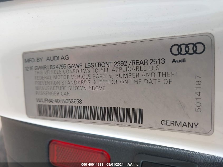 WAUFNAF40HN053658 2017 Audi A4 2.0T Premium