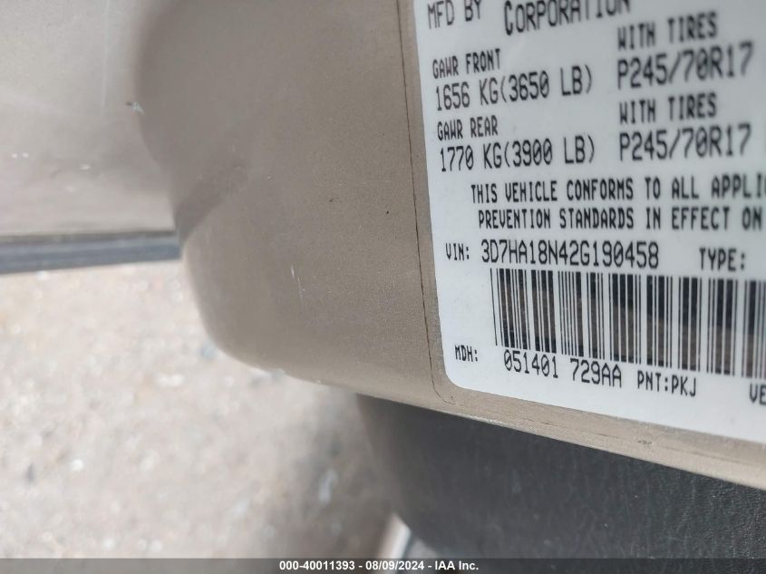 2002 Dodge Ram 1500 Slt/St VIN: 3D7HA18N42G190458 Lot: 40011393