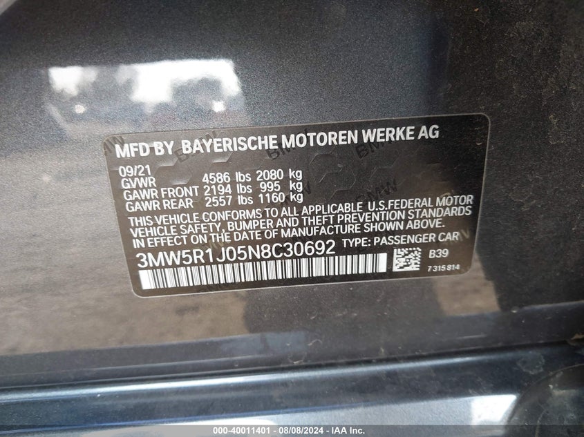 2022 BMW 330I - 3MW5R1J05N8C30692