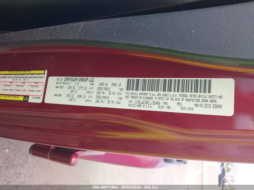 2012 Jeep Wrangler Unlimited Sahara VIN: 1C4BJWEG8CL192480 Lot: 40011404