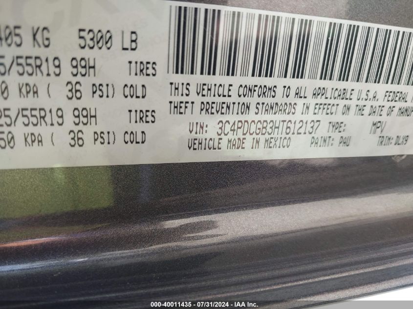 2017 Dodge Journey Crossroad Plus VIN: 3C4PDCGB3HT612137 Lot: 40011435