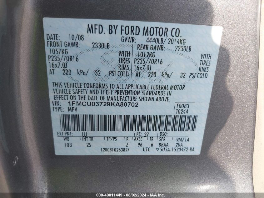 2009 Ford Escape Xlt VIN: 1FMCU03729KA80702 Lot: 40011449