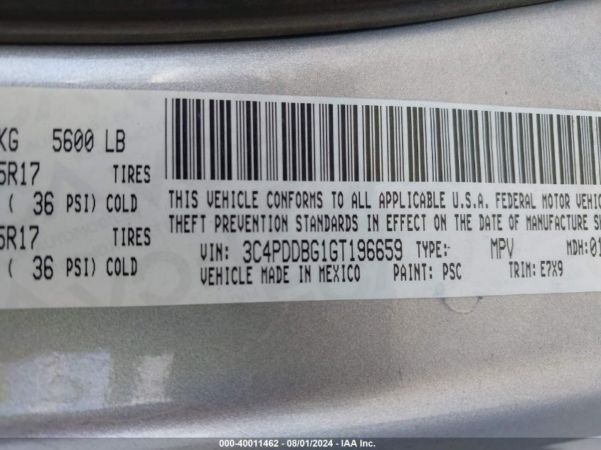 2016 Dodge Journey Sxt VIN: 3C4PDDBG1GT196659 Lot: 40011462