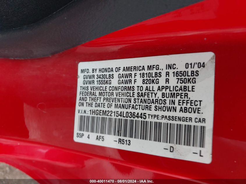 2004 Honda Civic Vp VIN: 1HGEM22154L036445 Lot: 40011470