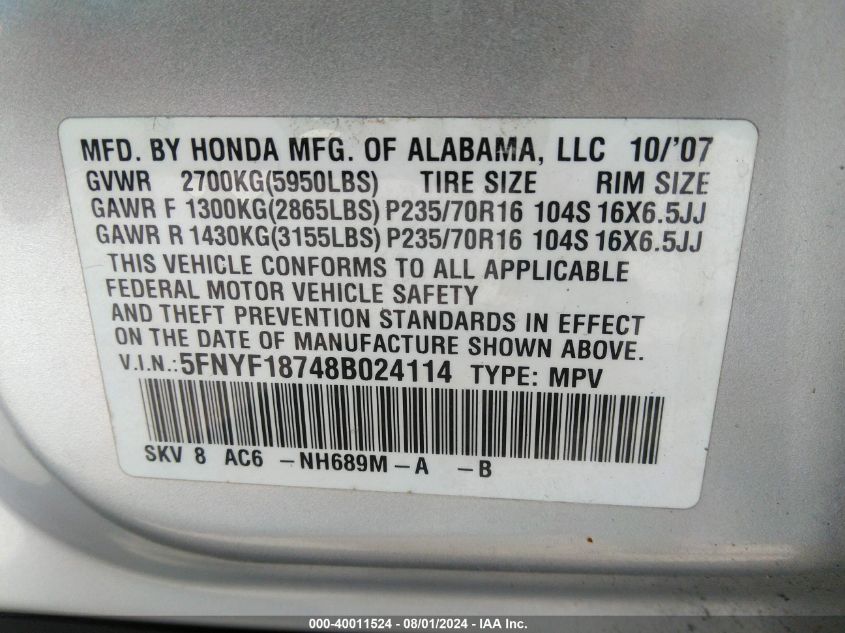 2008 Honda Pilot Ex-L VIN: 5FNYF18748B024114 Lot: 40011524