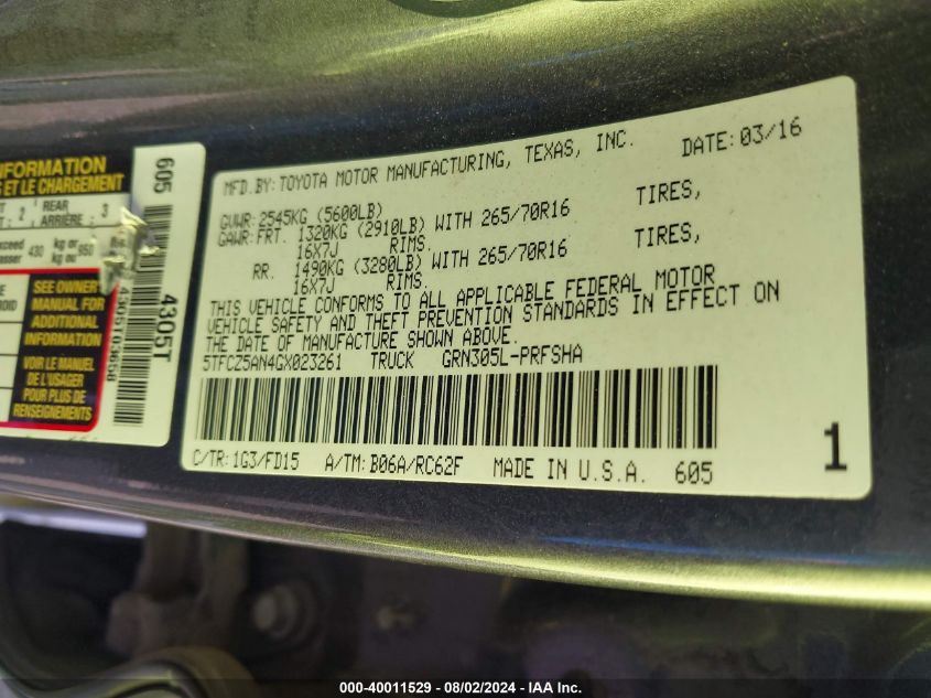 2016 Toyota Tacoma Trd Off Road VIN: 5TFCZ5AN4GX023261 Lot: 40011529