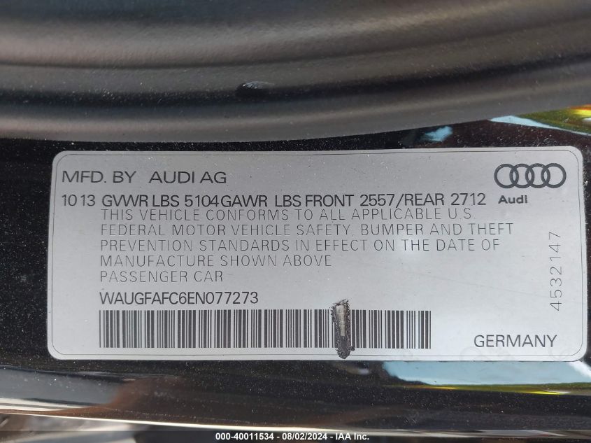 2014 Audi A6 Premium Plus VIN: WAUGFAFC6EN077273 Lot: 40011534