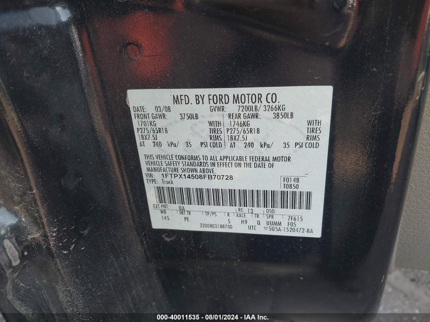 2008 FORD F-150 VIN: 3N1AB7AP6HL687280