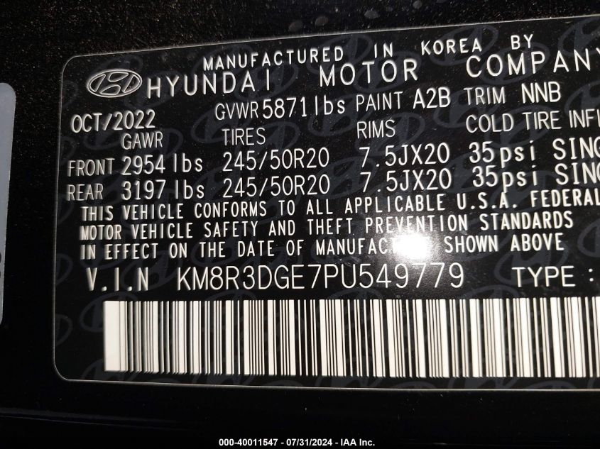 2023 Hyundai Palisade Xrt VIN: KM8R3DGE7PU549779 Lot: 40011547