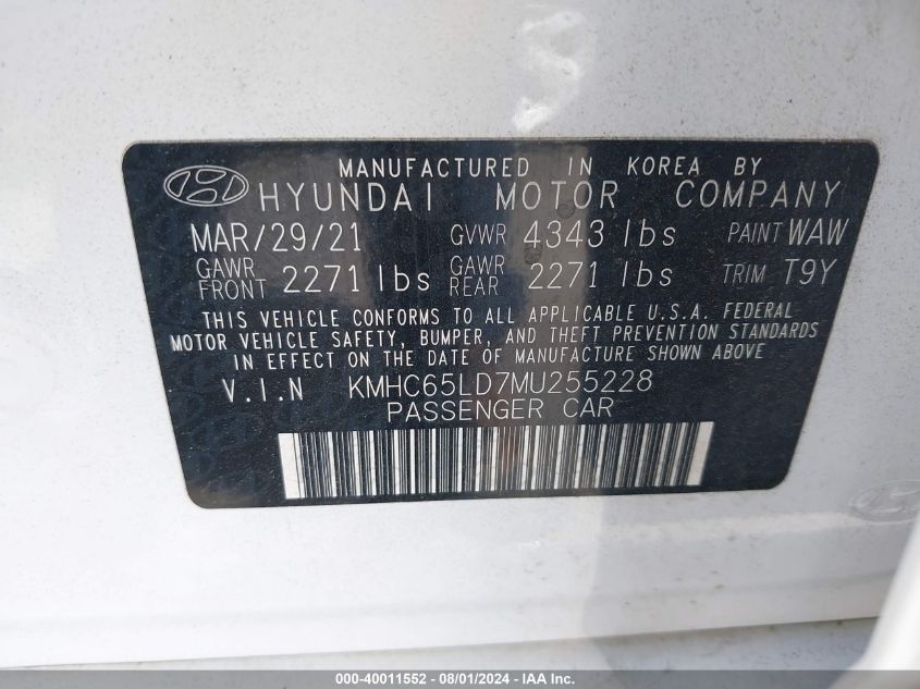 2021 Hyundai Ioniq Plug-In Hybrid Se VIN: KMHC65LD7MU255228 Lot: 40011552