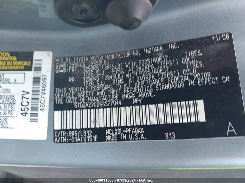 2006 Toyota Sienna Xle VIN: 5TDZA22C26S577044 Lot: 40011563