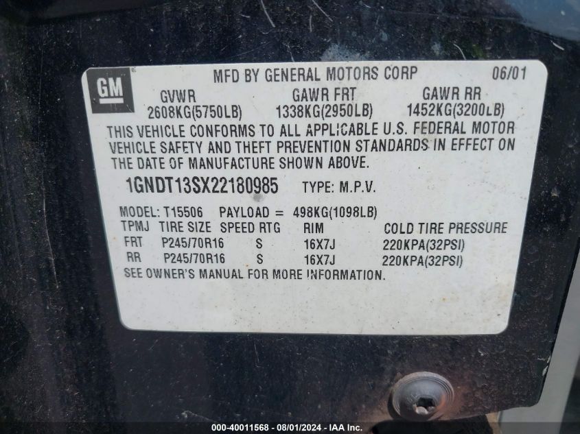 2002 Chevrolet Trailblazer Lt VIN: 1GNDT13SX22180985 Lot: 40011568