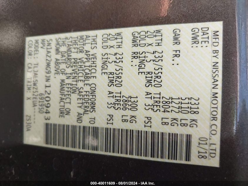 2018 NISSAN MURANO PLATINUM - 5N1AZ2MG9JN120943