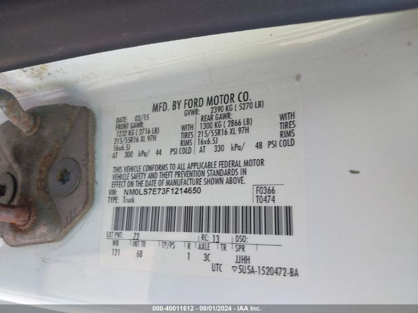 2015 Ford Transit Connect Xl VIN: NM0LS7E73F1214650 Lot: 40011612