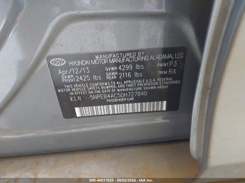 2013 Hyundai Sonata Gls VIN: 5NPEB4AC5DH727840 Lot: 40011625