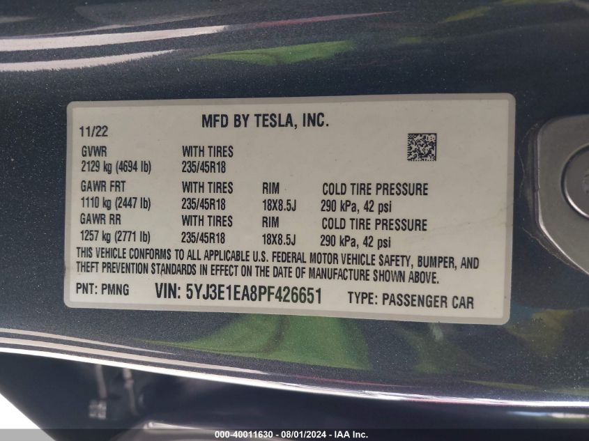 2023 TESLA MODEL 3 REAR-WHEEL DRIVE - 5YJ3E1EA8PF426651