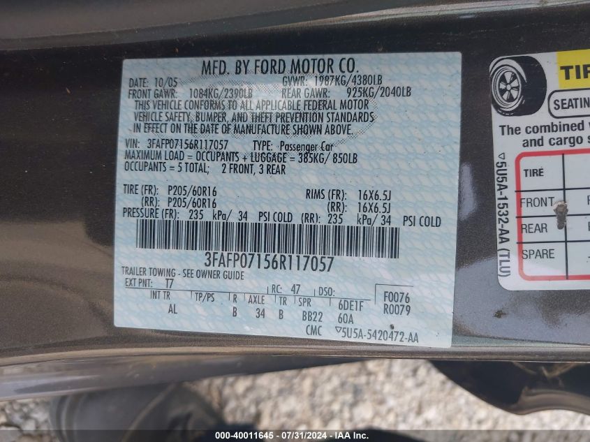 2006 Ford Fusion Se VIN: 3FAFP07156R117057 Lot: 40011645