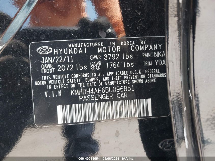 2011 Hyundai Elantra Gls (Ulsan Plant) VIN: KMHDH4AE6BU096851 Lot: 40011654