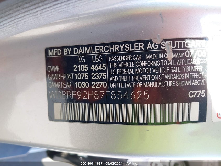 2007 Mercedes-Benz C 280 Luxury 4Matic VIN: WDBRF92H87F854625 Lot: 40011667