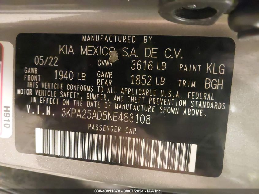 2022 KIA RIO 5-DOOR VIN: 3FA6P0LU2HR389911