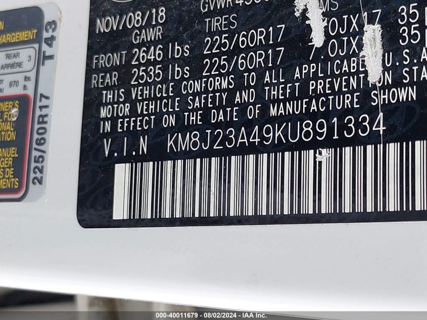 2019 Hyundai Tucson Se VIN: KM8J23A49KU891334 Lot: 40011679