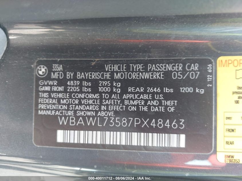 2007 BMW 335I VIN: WBAWL73587PX48463 Lot: 40011712