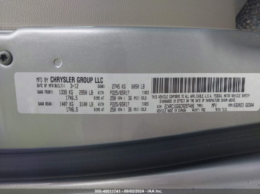 2012 Chrysler Town & Country Limited VIN: 2C4RC1GG6CR297406 Lot: 40011741