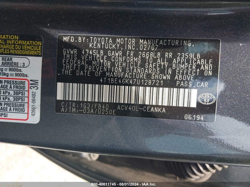 2007 Toyota Camry Le VIN: 4T1BE46K47U128721 Lot: 40011745