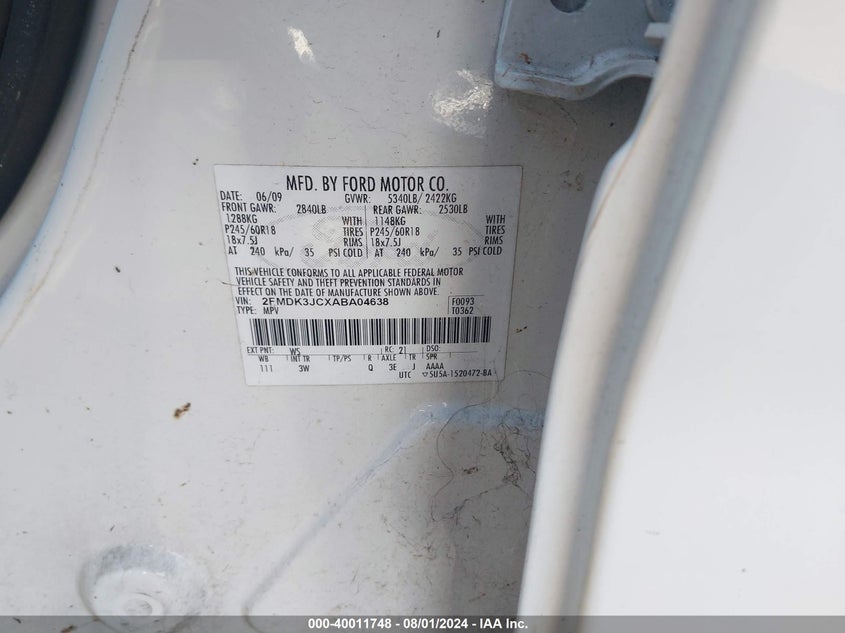 2010 Ford Edge Sel VIN: 2FMDK3JCXABA04638 Lot: 40011748