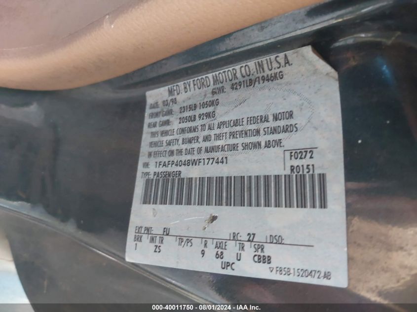 1998 Ford Mustang VIN: 1FAFP4048WF177441 Lot: 40011750