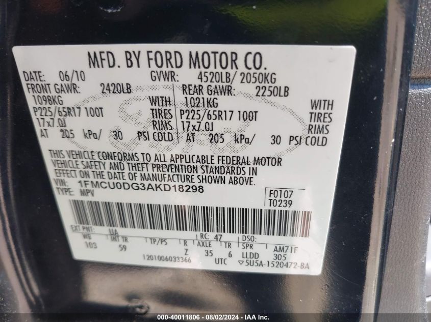 2010 Ford Escape Xlt VIN: 1FMCU0DG3AKD18298 Lot: 40011806