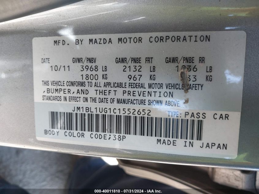 2012 Mazda Mazda3 I Sport VIN: JM1BL1UG1C1552652 Lot: 40011810