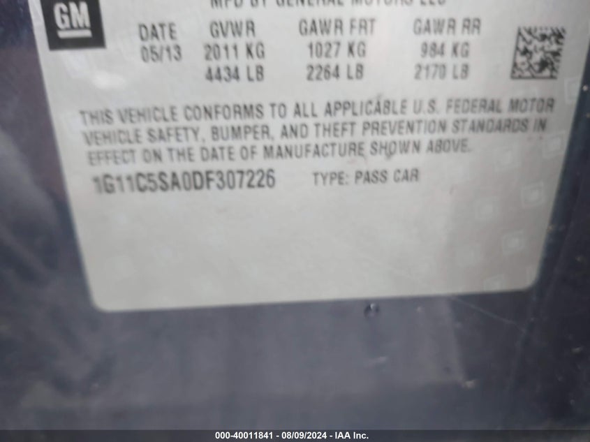 2013 Chevrolet Malibu 1Lt VIN: 1G11C5SA0DF307226 Lot: 40011841
