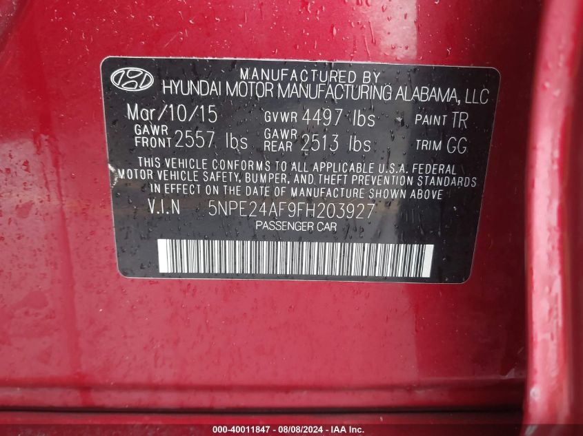 2015 Hyundai Sonata Se VIN: 5NPE24AF9FH203927 Lot: 40011847
