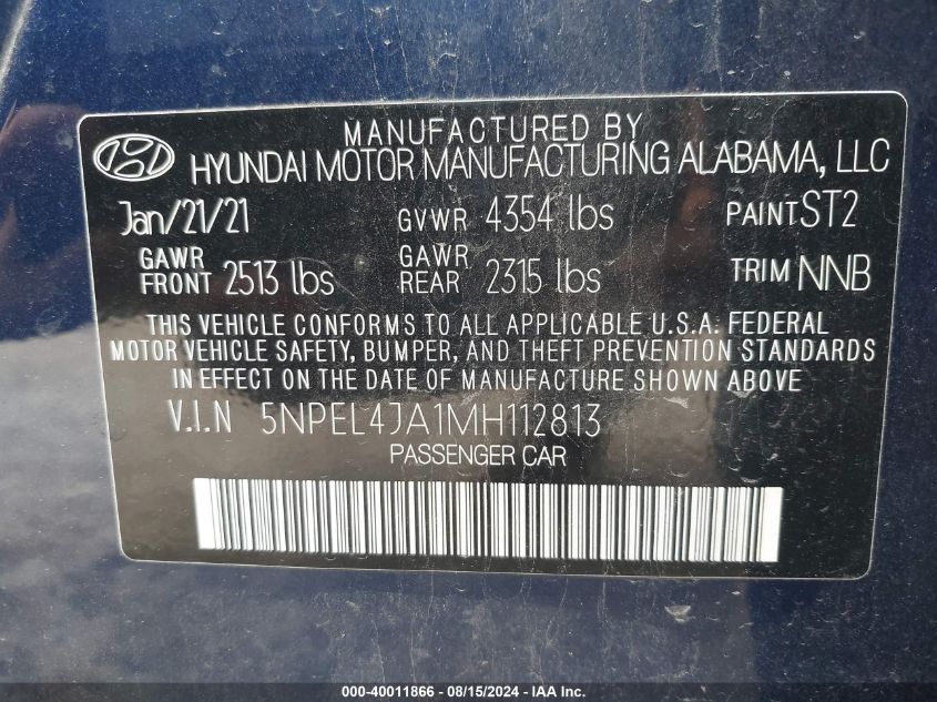 5NPEL4JA1MH112813 2021 Hyundai Sonata Sel