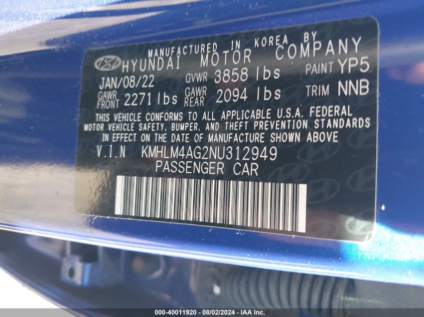 2022 Hyundai Elantra Sel VIN: KMHLM4AG2NU312949 Lot: 40011920