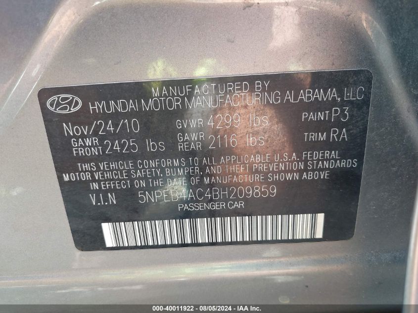 5NPEB4AC4BH209859 2011 Hyundai Sonata Gls