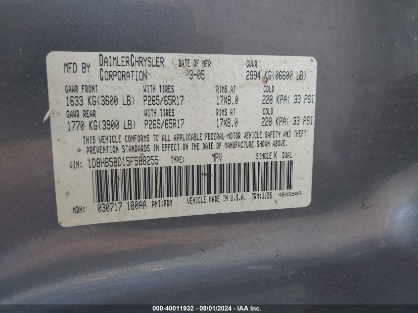 2005 Dodge Durango Limited VIN: 1D8HB58D15F588255 Lot: 40011932