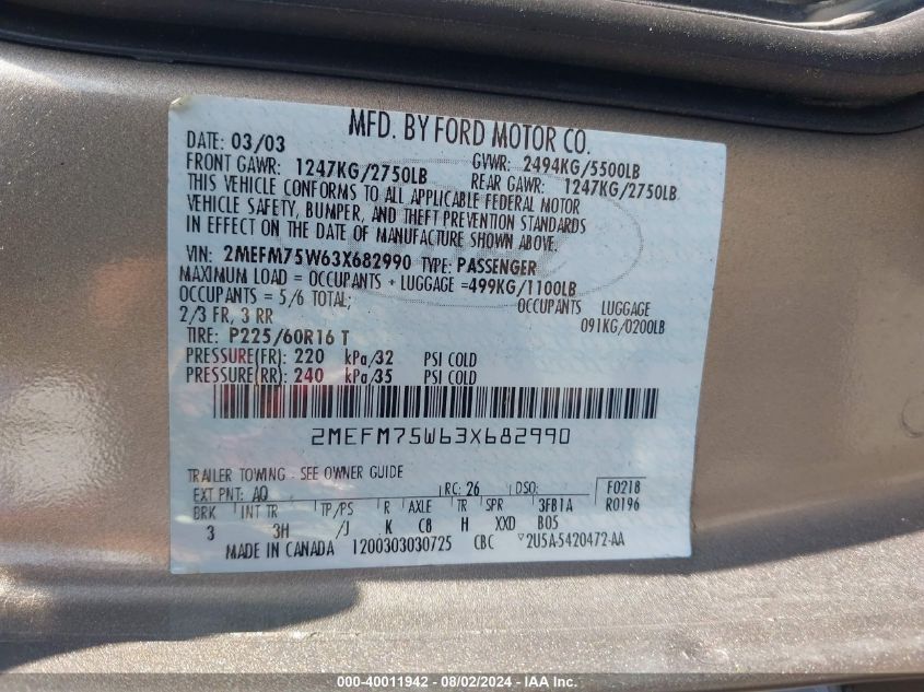 2003 Mercury Grand Marquis Ls VIN: 2MEFM75W63X682990 Lot: 40011942