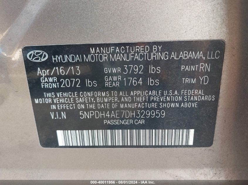 5NPDH4AE7DH329959 | 2013 HYUNDAI ELANTRA