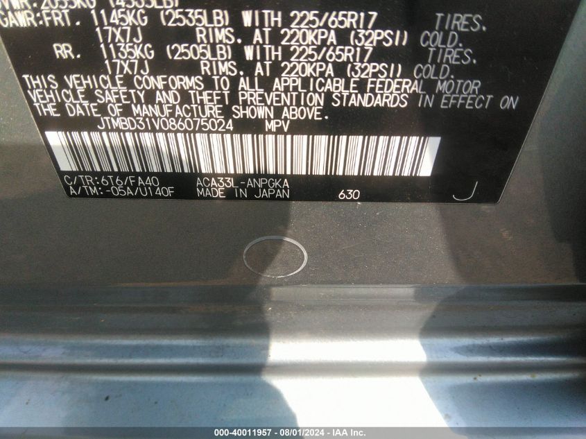 2008 Toyota Rav4 Limited VIN: JTMBD31V086075024 Lot: 40011957