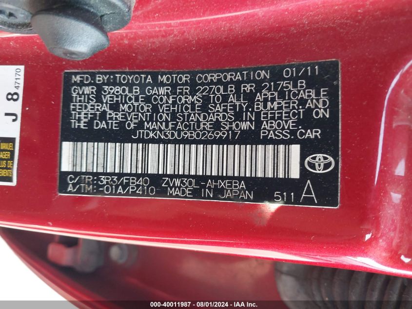 JTDKN3DU9B0269917 | 2011 TOYOTA PRIUS