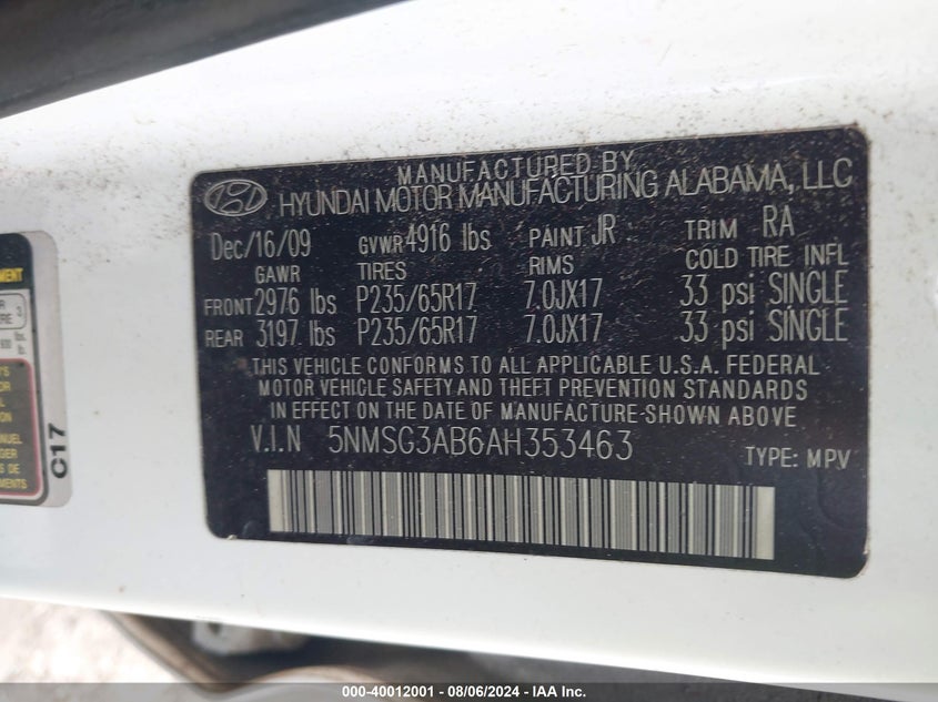 2010 HYUNDAI SANTA FE VIN: 1FMCU9GX8FUC38703