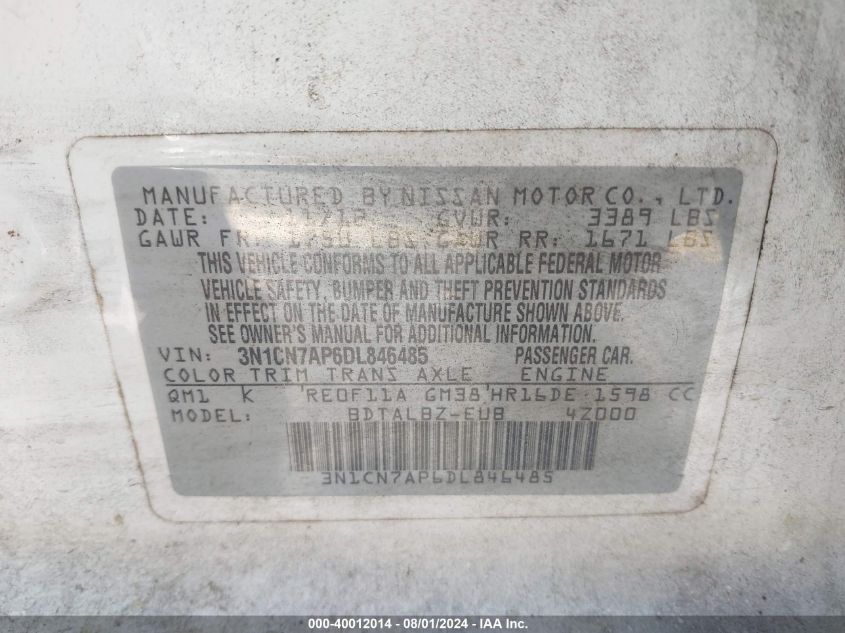 2013 Nissan Versa S/S Plus/Sv/Sl VIN: 3N1CN7AP6DL846485 Lot: 40012014