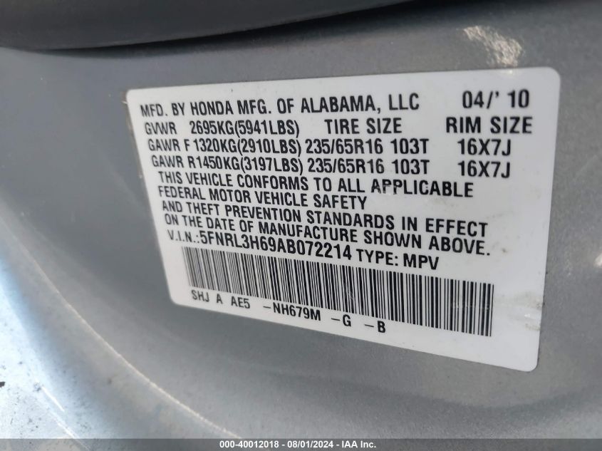 2010 Honda Odyssey Ex-L VIN: 5FNRL3H69AB072214 Lot: 40012018