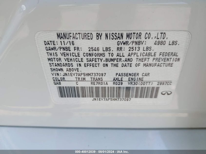 2017 Infiniti Q50 3.0T Premium VIN: JN1EV7AP5HM737097 Lot: 40012039