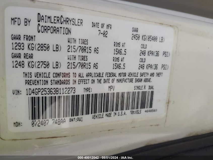 2003 Dodge Caravan Se VIN: 1D4GP25363B112273 Lot: 40012042