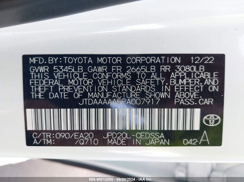 2023 Toyota Mirai Xle VIN: JTDAAAAA5PA007917 Lot: 40012055