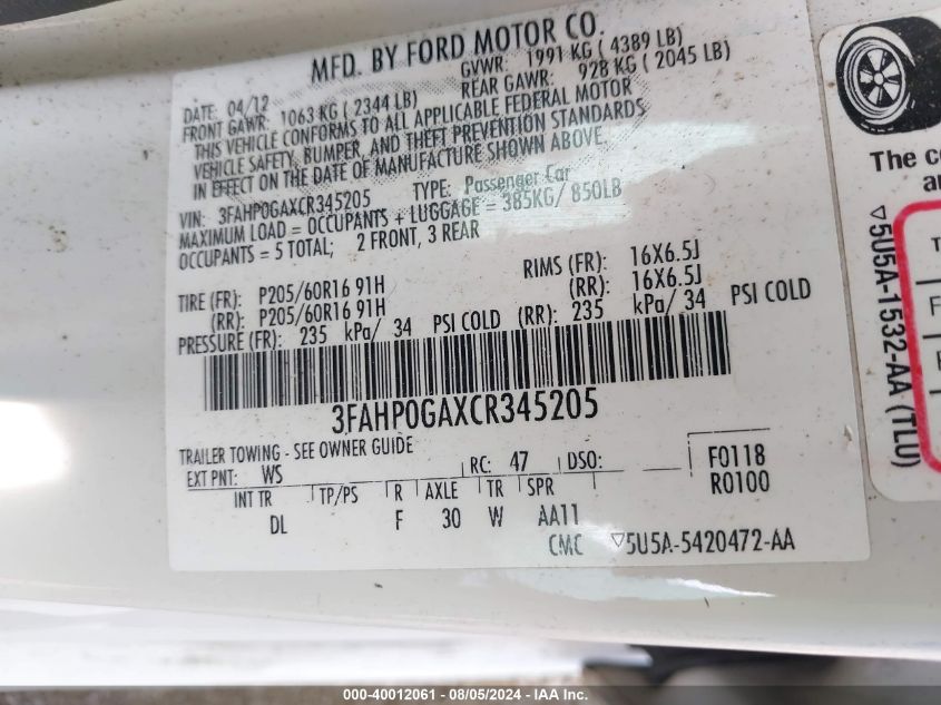 2012 Ford Fusion S VIN: 3FAHP0GAXCR345205 Lot: 40012061